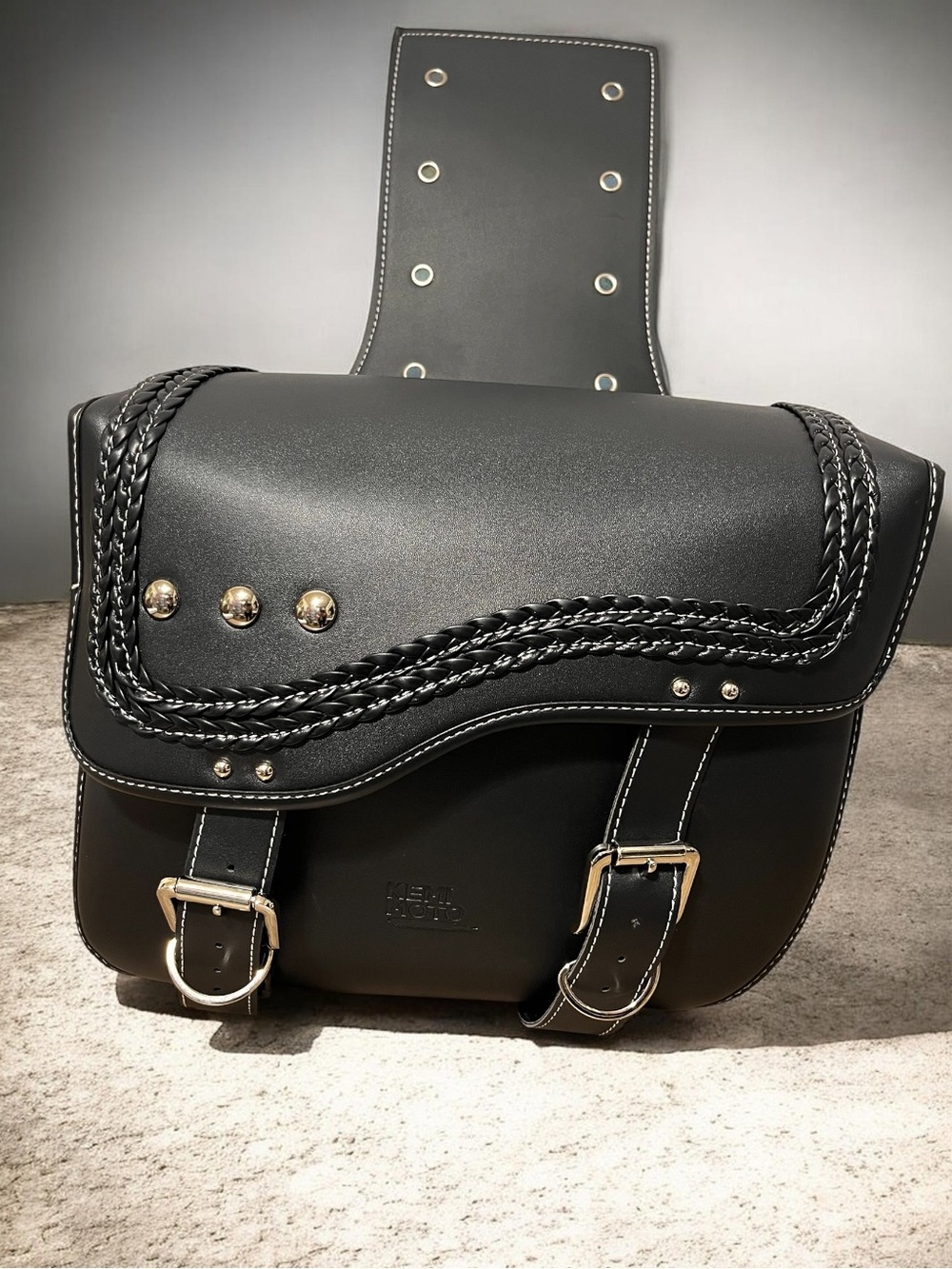 Black Braided Leather Saddle Bag with Silver Stud Accents